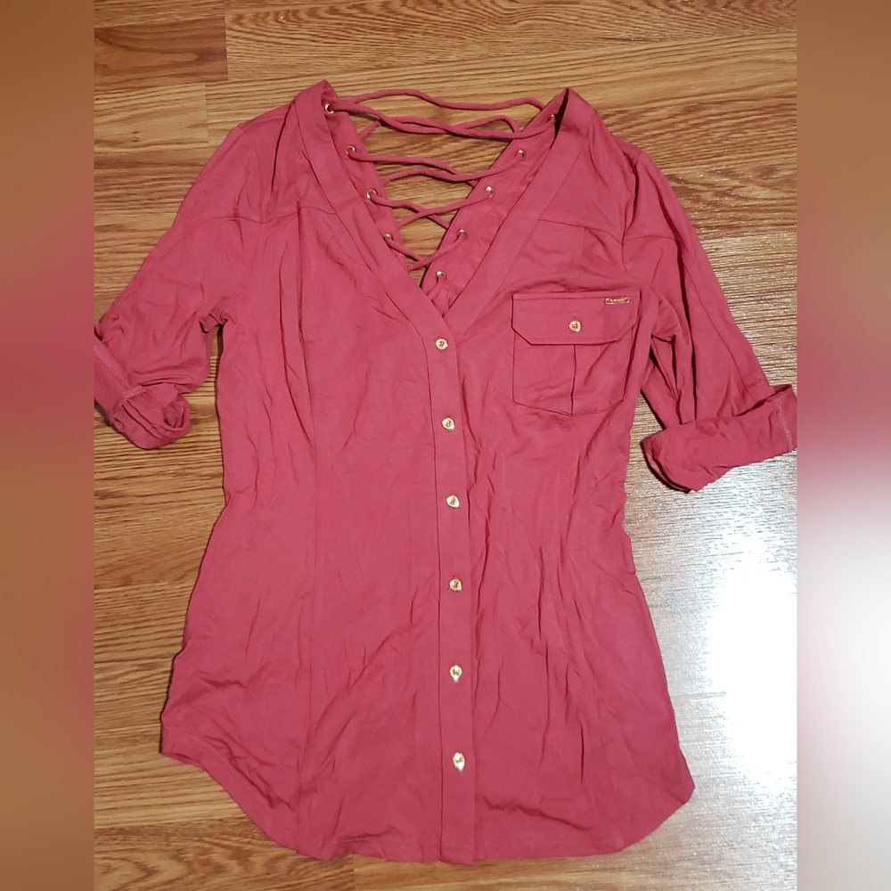 Bebe 3/4 Lace-Up Button Down Top